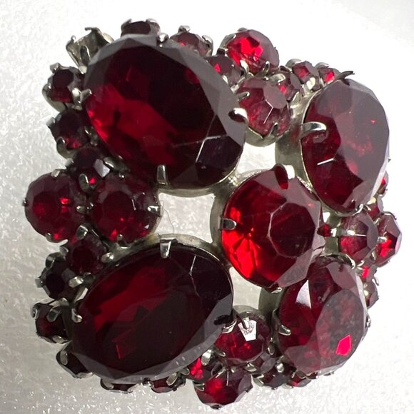 Vintage Red Rhinestone Brooch Pin Domed Prong Set Silver Tone Statement Runway - Picture 13 of 15